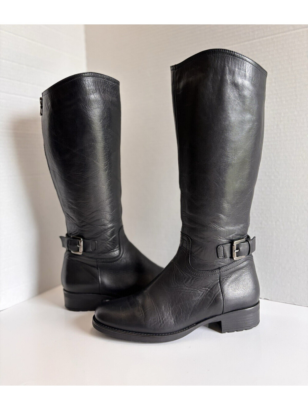 Coach And Four Riding Boots Women's Sz 7 Black Leather Zip Round Toe Expandable